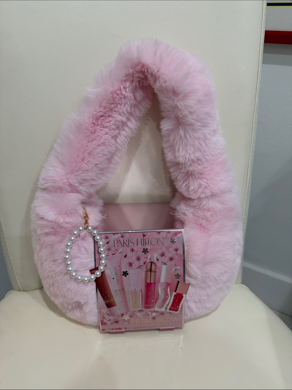Paris Hilton Petal Glow 6 PC Lip Collection with Faux Fur Bag & Pearls